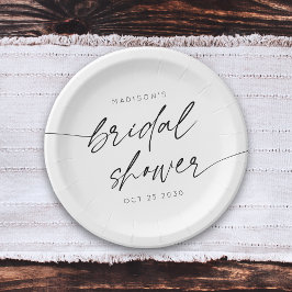 Prato De Papel Script Simples de Chá de Noiva Minimalista | Preto