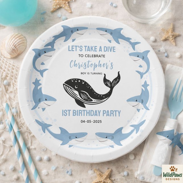 Prato De Papel Sea Animals Shark 1st Birthday | Under the Sea  (Sea Animals Shark 1st Birthday | Under the Sea Paper Plates
)