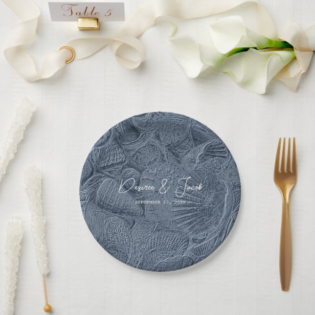Prato De Papel Seashell Dark Dusty Blue Modern Beach (Casamento)
