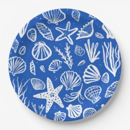 Prato De Papel Seashells Beach Wedes Blue White Cute Seaside