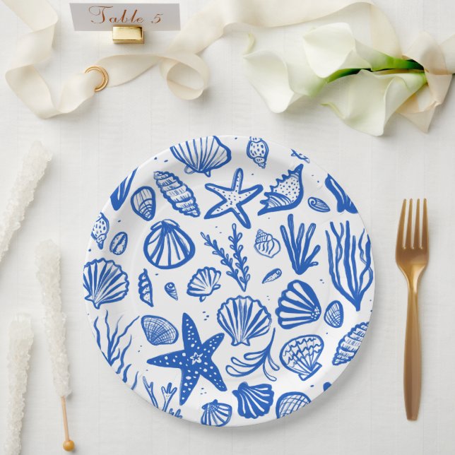 Prato De Papel Seashells Beach Wedes Blue White Cute Seaside (Casamento)