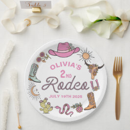 Prato De Papel Segundo Rodeio Pink Western Cowboy Aniversário de
