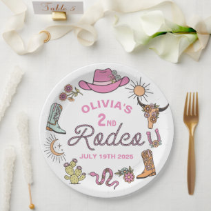 Prato De Papel Segundo Rodeio Pink Western Cowboy Aniversário de