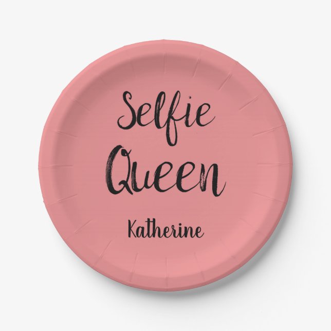 Prato De Papel Selfie Queen Name Personalised Coral Orange (Frente)