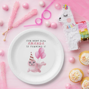 Prato De Papel Selo Rosa Aniversário de 1 ano Sob o Mar
