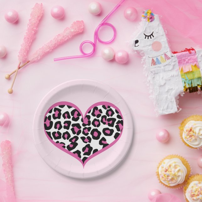 Prato De Papel Selvagem em Heart Leopard Print (Festa)