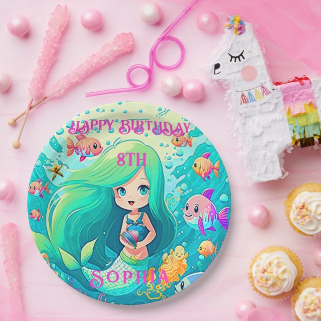 Prato De Papel Sereia Colorida, Feliz Festa de Aniversário (Festa)