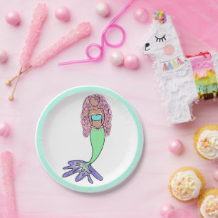 Prato De Papel sereia-do-arco-íris azul-roxo, cor-de-rosa, verde-