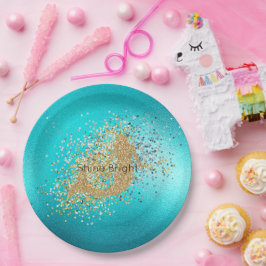 Prato De Papel Sereia Glitter Glitter Aqua Dourada