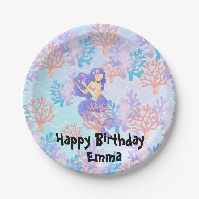 Prato De Papel sereia mágica infantil sob o pastel do arco-íris (Frente)