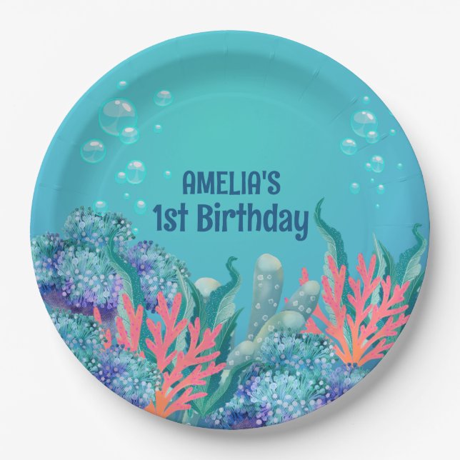 Prato De Papel Sereia Whimsical Sob O Aniversário Do Mar (Frente)