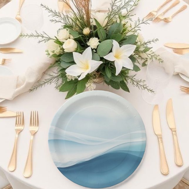 Prato De Papel Serene Blue Beach Wedding (Serene Blue Abstract Wedding Paper Plates)