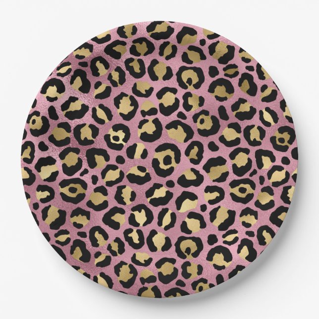 Prato De Papel Série de Design Leopardo Rosa e Dourado 15 (Frente)