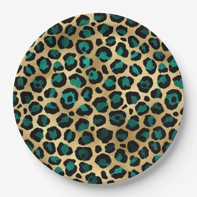 Prato De Papel Série Leopardo-Teal e Dourada Design 14 (Frente)