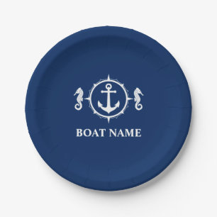 Prato De Papel Seu Nome De Barco Marinho De Âncora Azul 9"