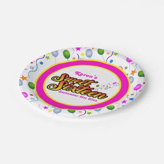 Prato De Papel Seu nome e data rosa e amarelo doce dezesseis (Inclinado)