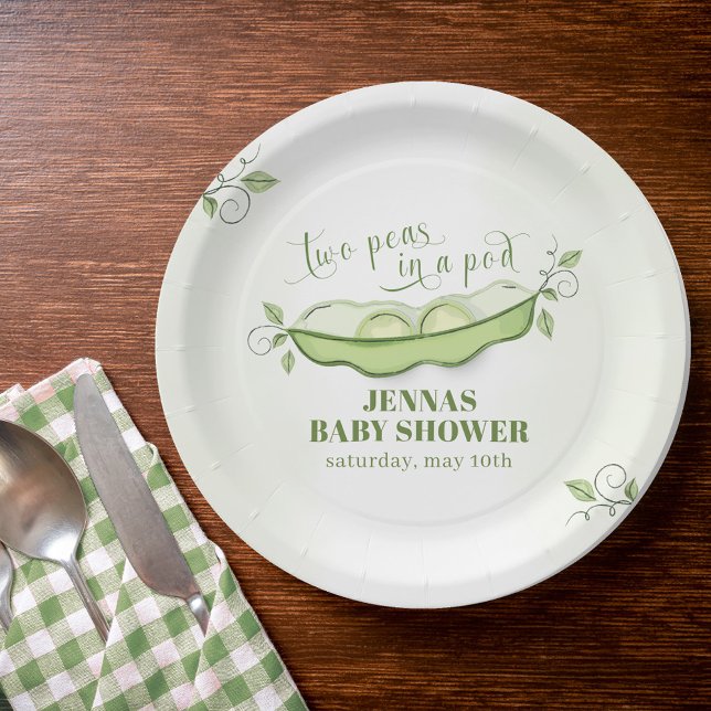 Prato De Papel Sexo Neutro Duas Ervilhas num Verde Pod (Gender Neutral Baby Shower Custom Paper Plate.)