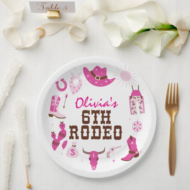 Prato De Papel Sexto Rodeio Pink Western Cowboy 6º Aniversário (Casamento)