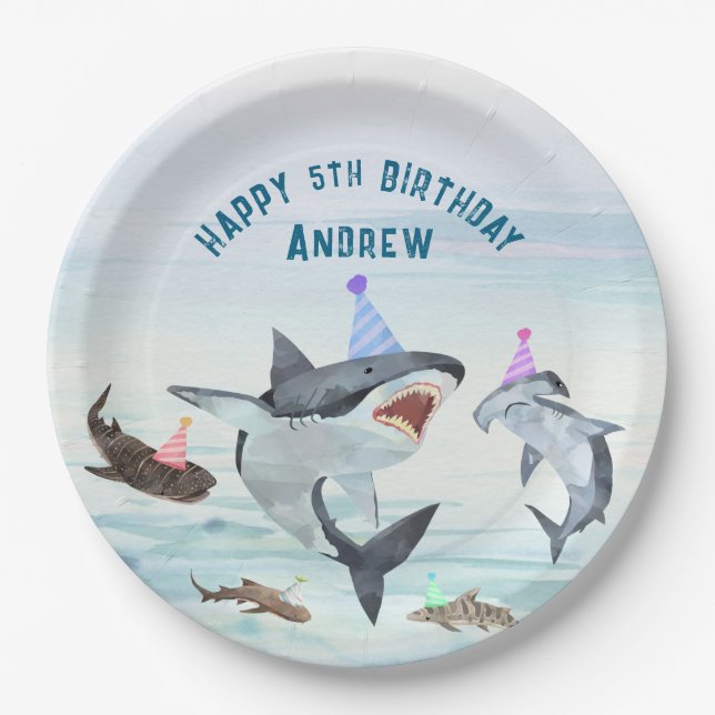 Prato De Papel Shark Birthday Pool Party Paper Plates (Frente)