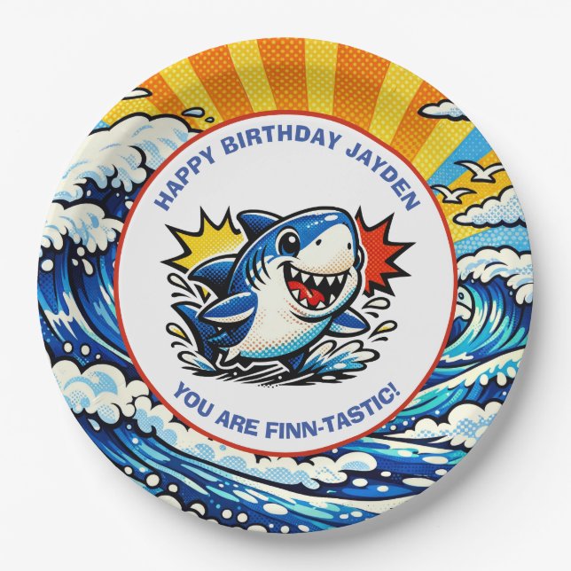 Prato De Papel Shark Themed Nautical Boy's Birthday Party (Frente)