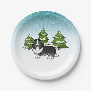 Prato De Papel Sheepdog Bi-Black Shetland Numa Floresta De Invern