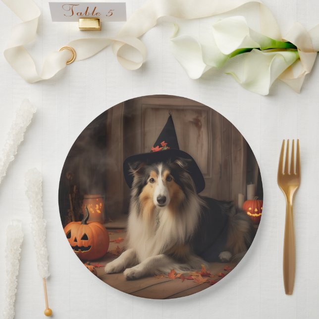 Prato De Papel Shetland Sheepdog Pumpkins Halloween Assustado (Casamento)