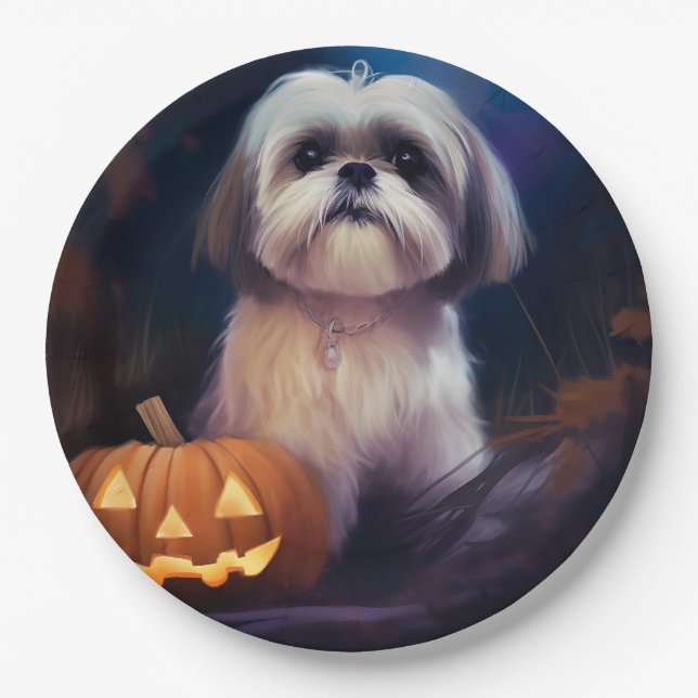 Prato De Papel Shih Tzu de Halloween com Abóboras Assustadoras (Frente)