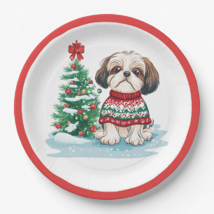 Prato De Papel Shih Tzu Papai Noel de Natal Cachorro