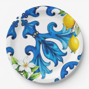 Prato De Papel Siciliano,verão,limão,mosaico,azul