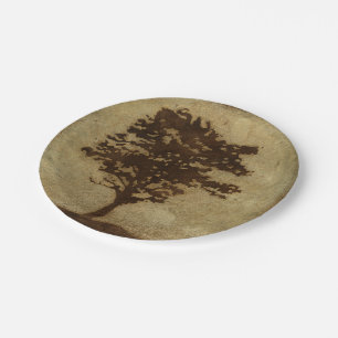 Prato De Papel Silhueta de árvore em fundo de bronze