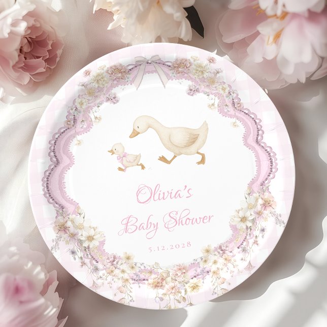 Prato De Papel Silly Goose Pink Gingham Girl Baby Shower (Criador carregado)