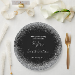 Prato De Papel Silver Dress Faux Glitter Sweet 16 Aniversário