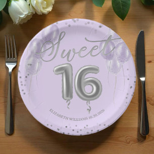 Prato De Papel Silver Foil Sweet 16 Balões de Aniversário Lavanda