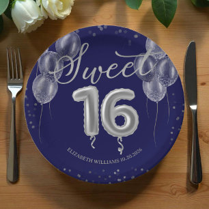 Prato De Papel Silver Foil Sweet 16 Balões de Aniversário Royal B