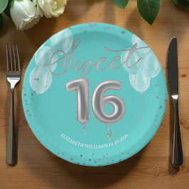 Prato De Papel Silver Foil Sweet 16 Balões de Aniversário Royal T