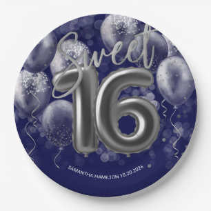 Prato De Papel Silver Foil Sweet 16 Balões de Dias Azul Real