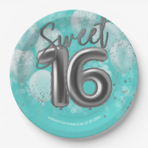 Prato De Papel Silver Foil Sweet 16 Birthday Balloons Party Teal