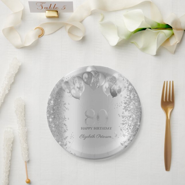 Prato De Papel Silver Glitter Confetti Balões 80 Aniversário (Casamento)