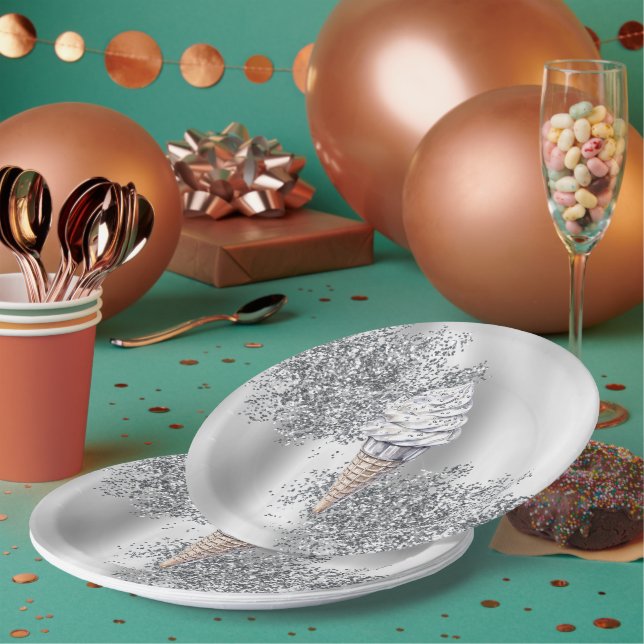 Prato De Papel Silver Glitter Vanilla Ice Cream Cone Birthday (Múltiplo)