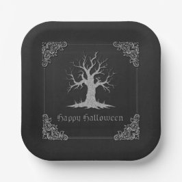 Prato De Papel Silver Spooky Tree Halloween