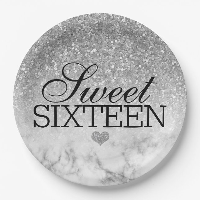 Prato De Papel Silvery Faux Glitter/Marble Sweet 16 (Frente)