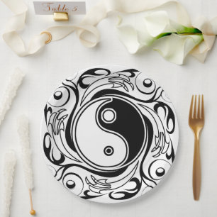 Prato De Papel Símbolo Yin & Yang Estilo de Tatuagem Preto e Bran