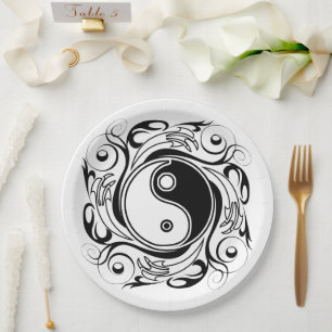 Prato De Papel Símbolo Yin & Yang Preto e Branco Estilo Tatuagem