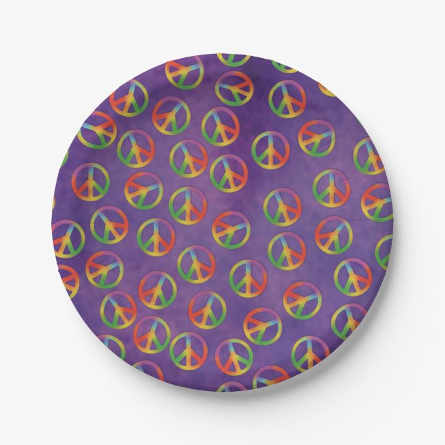 Prato De Papel Símbolos da Paz em Tie Dye no Roxo (Frente)