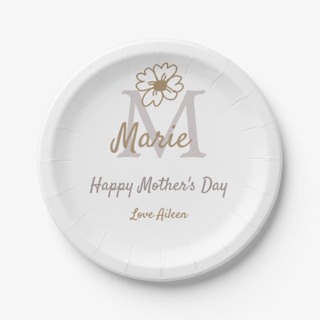 Prato De Papel simple minimal mother's day monogram golden gray f (Frente)