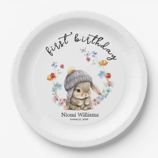 Prato De Papel Simple Watercolor Bunny First Birthday Paper Plate