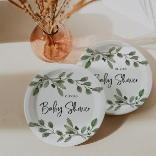 Prato De Papel Simple Watercolor Greenery Baby Shower