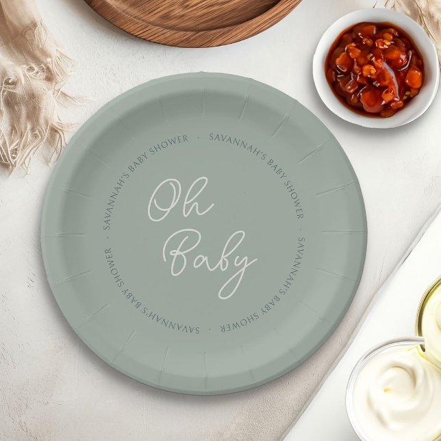 Prato De Papel Simples Moderno Oh Baby Script Verde Sage Banho (Oh Baby paper plates from my Tricolor Baby Shower Collection)