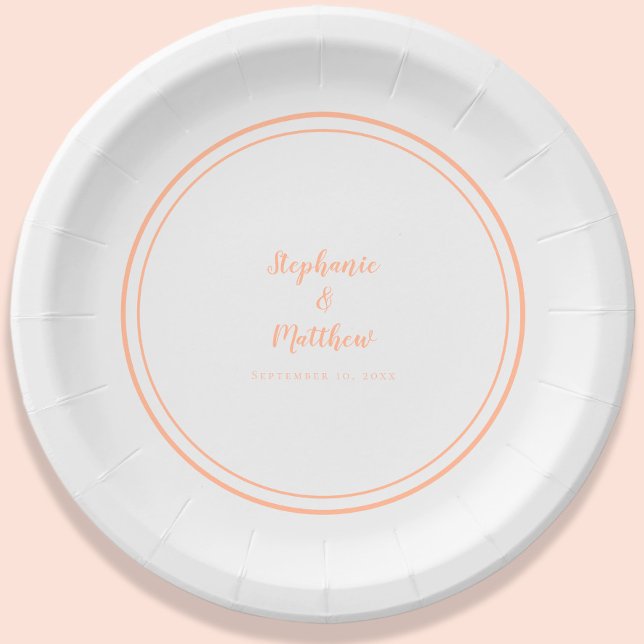 Prato De Papel Simples Peach White Modern Noiva e Casamento de no (Simple Peach White Modern Bride & Groom Wedding Paper Plates)