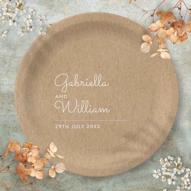 Prato De Papel Simples Rótulo Elegante Casamento Rústico Kraft (Simple Elegant Script Rustic Kraft Wedding Paper Plates)